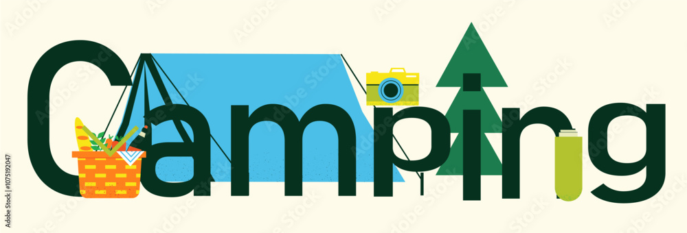 Fototapeta premium Camping. Horizontal banner. Letters camp and cartoon flat style isolated illustration. Tent and forest. Wild nature hiking tourism. Picnic in park. Adventure vacation. Vector image