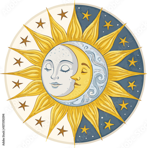 Sun and Moon Opposing Each Other Icon, Colorful Symbol of Day and Night