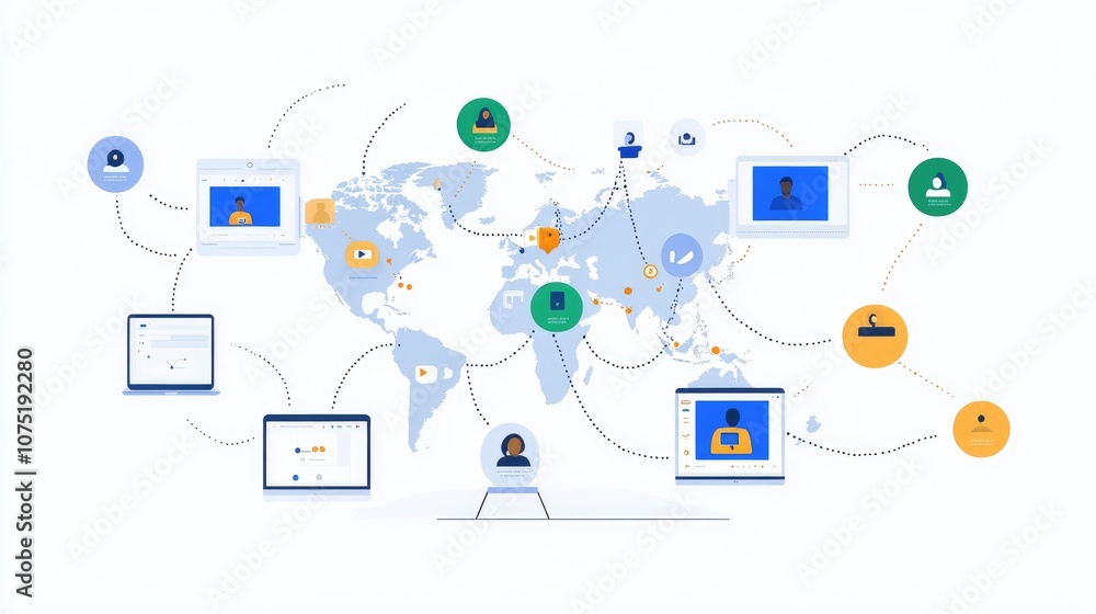 Global Communication Network Concept with Video Conferencing, Digital Devices, and User Icons Representing Remote Collaboration Across Different Locations Global Communication Network Concept with Video Conferencing, Digital Devices, and User Icons Representing Remote Collaboration Across Different Locations