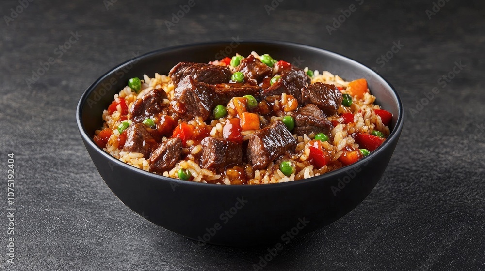 Delicious Bowl of Stir-Fried Beef with Colorful Vegetables and Rice Garnished with Peas and Diced Carrots Against a Dark Textured Background Delicious Bowl of Stir-Fried Beef with Colorful Vegetables and Rice Garnished with Peas and Diced Carrots Against a Dark Textured Background