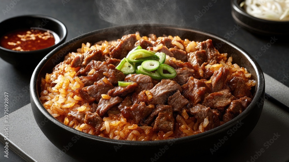 Savory Stir-Fried Beef with Rice in a Black Bowl Surrounded by Delicious Sauces and Garnishes on a Modern Dark Background Savory Stir-Fried Beef with Rice in a Black Bowl Surrounded by Delicious Sauces and Garnishes on a Modern Dark Background