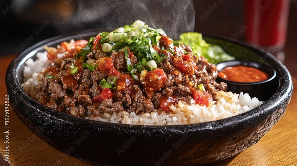 Delicious Hot Beef Stir-fry Served on Steaming Rice with Fresh Vegetables and Flavorful Sauce in a Traditional Bowl Presentation Delicious Hot Beef Stir-fry Served on Steaming Rice with Fresh Vegetables and Flavorful Sauce in a Traditional Bowl Presentation
