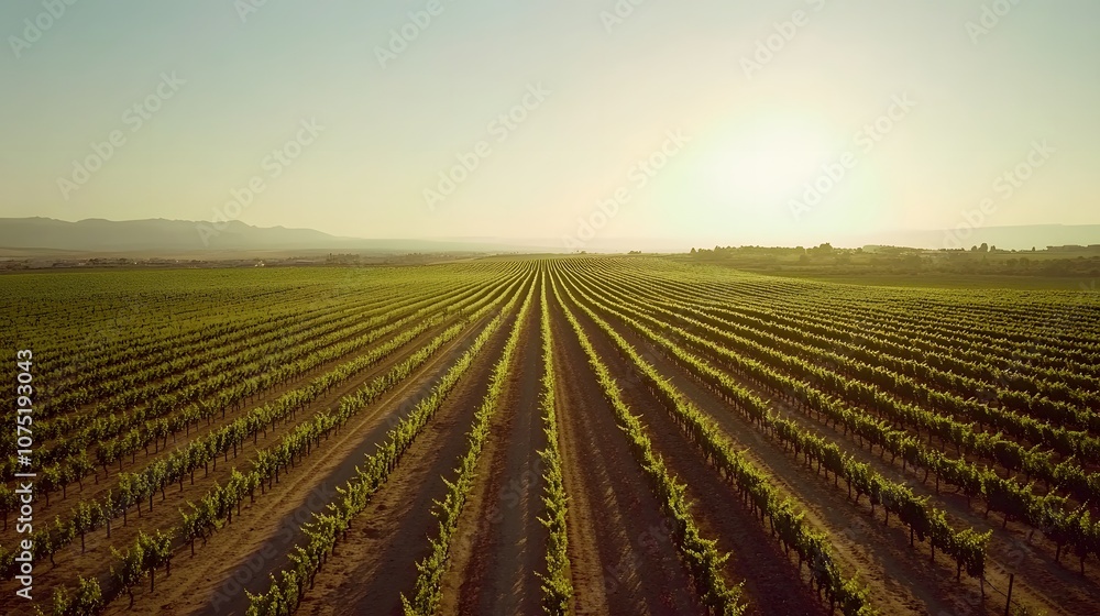 Aerial shot of a sprawling vineyard with rows of grapevines arranged in a symmetrical pattern, stretching out towards the horizon under a clear sky. No text, no logo, wide angle shot, cinematic Aerial shot of a sprawling vineyard with rows of grapevines arranged in a symmetrical pattern, stretching out towards the horizon under a clear sky. No text, no logo, wide angle shot, cinematic
