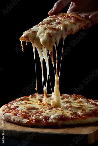 Cheesy pizza with an abundance of melted cheese, served on a wooden board