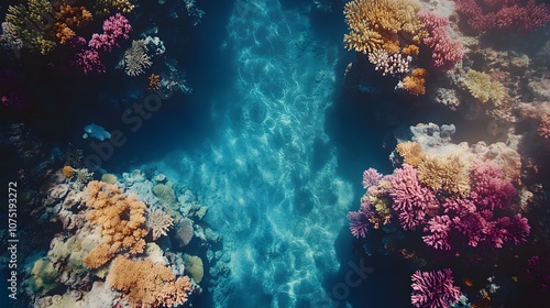 Fotografia High perspective shot of a coral reef in shallow water, with symmetrical arrangements of colorful coral formations visible from above