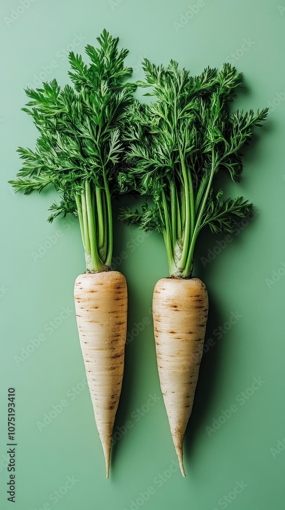 Two fresh white carrots with green tops Two fresh white carrots with green tops