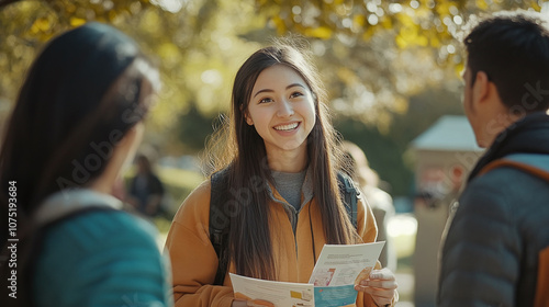 Mental health awareness campaign booth at a college campus, with volunteers handing out informational brochures and talking to students