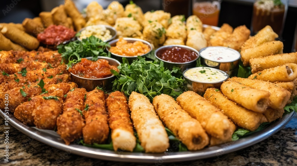 Assorted Platter of Delicious Fried Snacks and Dips Perfect for Celebrations, Parties, or Gatherings Featuring Variety of Textures and Flavors Assorted Platter of Delicious Fried Snacks and Dips Perfect for Celebrations, Parties, or Gatherings Featuring Variety of Textures and Flavors
