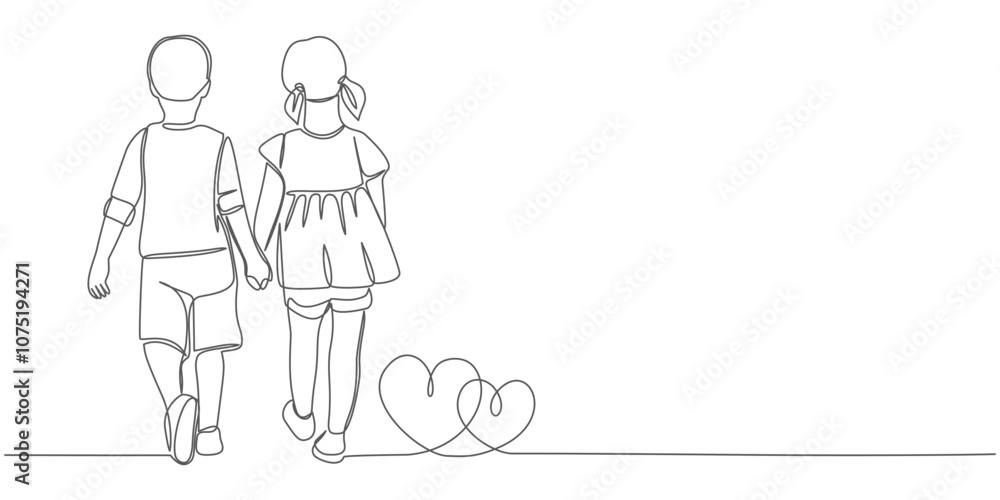 two people walking, continuous single line drawing of toddler girl and boy running hand in hand, line art vector illustration two people walking, continuous single line drawing of toddler girl and boy running hand in hand, line art vector illustration