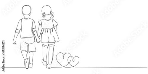 two people walking, continuous single line drawing of toddler girl and boy running hand in hand, line art vector illustration