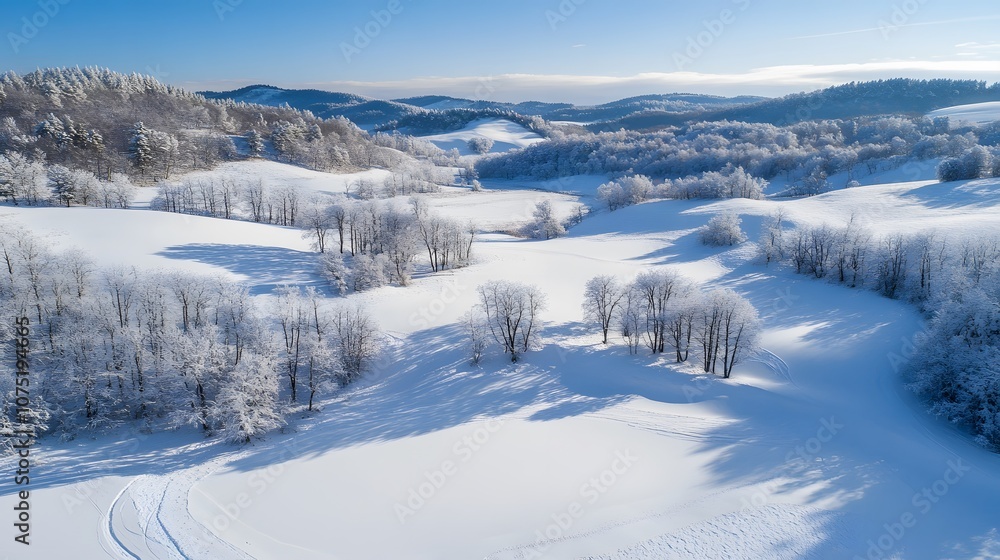 Expansive view of symmetrical snow-covered hills with clusters of trees breaking up the white landscape, creating a serene winter scene. No text, no logo, wide angle shot, cinematic scene, 4k Expansive view of symmetrical snow-covered hills with clusters of trees breaking up the white landscape, creating a serene winter scene. No text, no logo, wide angle shot, cinematic scene, 4k