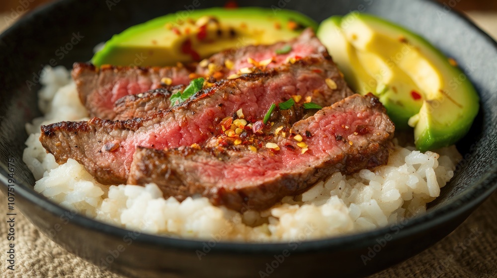 Deliciously Grilled Beef Slices Served Over Steamy White Rice with Fresh Avocado Slices and Spices in a Dark Bowl Deliciously Grilled Beef Slices Served Over Steamy White Rice with Fresh Avocado Slices and Spices in a Dark Bowl