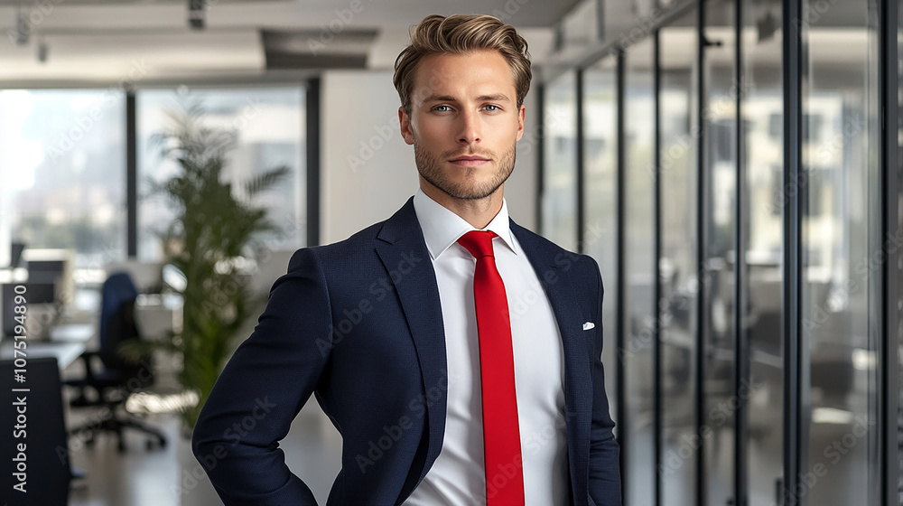 Fototapeta premium Vibrant red tie in a modern office setting