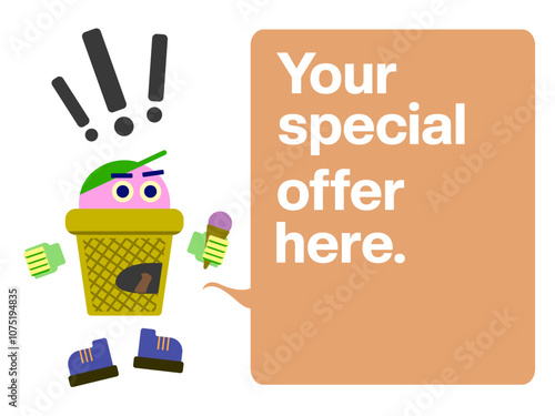 Character - coffee cup with eyes, mouth and moustache like croissant - declares something within speech bubble, some special offer or other information from your business. Vector illustration.