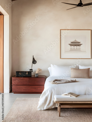 A luxurious contemporary classic-style bedroom featuring a modern solid wood bed frame from the 1960s and 70s, a dark red Tibetan solid wood high cabinet with retro patterns hand-drawn. 3D render.