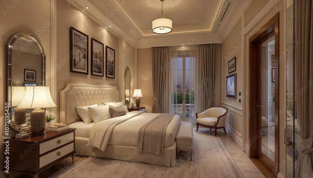 Fototapeta premium Layers of bright and warm neutrals—with pops of saturated colors—are perfect for traditional bedrooms