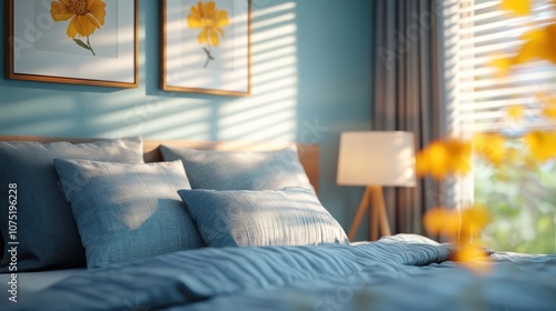 Wallpaper Mural A close-up of a bed with blue bedding and pillows in a modern bedroom with sunlight streaming in through a window. The bed is made with a soft, fluffy duvet and pillows.  Torontodigital.ca