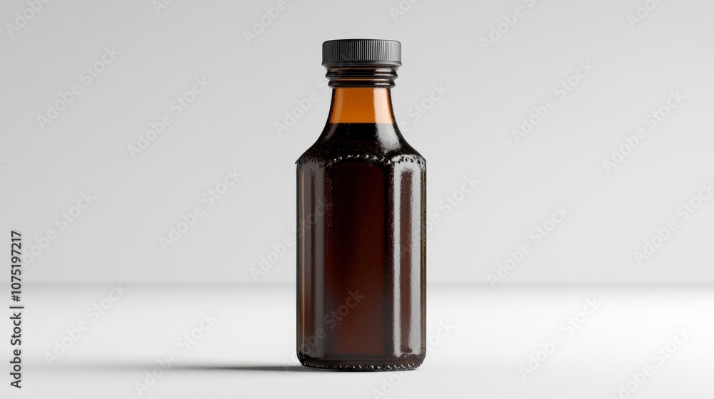 Amber glass bottle with black lid and embossed details Amber glass bottle with black lid and embossed details