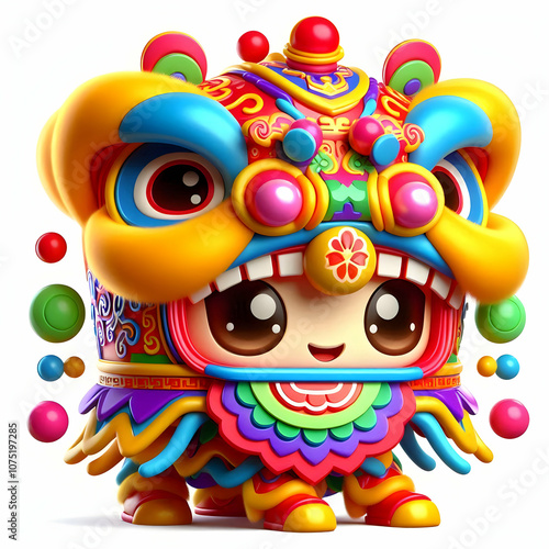 3D Vector Illustration Chinese Lion Dance Mask Joy Prosperity Infographics Festive Designs Cute Chibi Icon Isolated White Background Vivid Colors Cultural Symbol photo