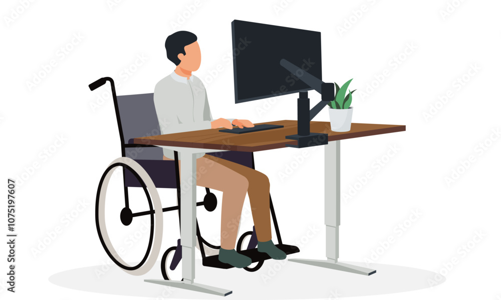 Computer Adjusted Disable employee in wheelchair with adjustable table and adjustable ...