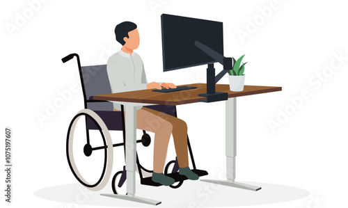 Disable employee in wheelchair with adjustable table and adjustable monitor computer at workplace adjusted computer desk in wheelchair worker.comfort for wheelchair users in the workplace.