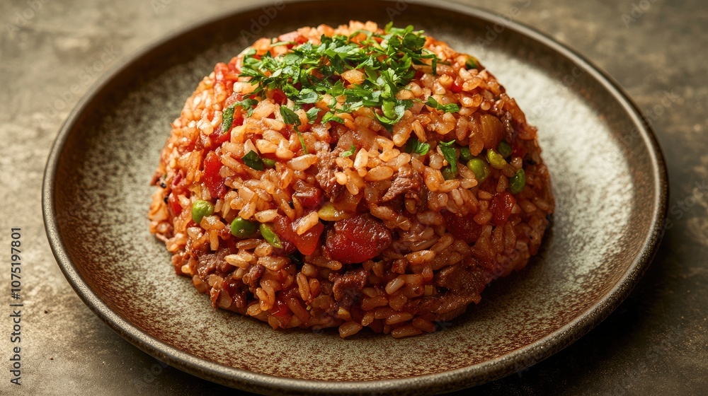 Delicious Tomato and Herb Rice Dish Served on a Round Plate Garnished with Fresh Green Herbs, Ideal for Food Lovers and Culinary Enthusiasts in Vibrant Kitchen Settings Delicious Tomato and Herb Rice Dish Served on a Round Plate Garnished with Fresh Green Herbs, Ideal for Food Lovers and Culinary Enthusiasts in Vibrant Kitchen Settings
