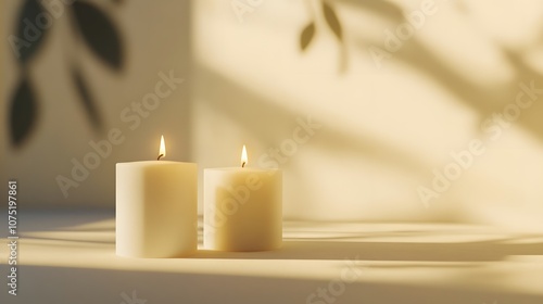 Wallpaper Mural A minimalistic arrangement of three white candles on a beige surface with soft shadows cast, creating a calm and elegant atmosphere. No text, no logo, wide angle shot, cinematic scene, 4k resolution Torontodigital.ca