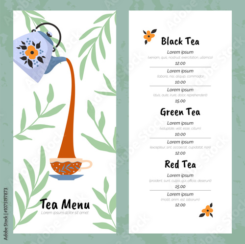 Tea menu. Restaurant bar brochure. Botanical design. Pour beverage from ceramic teapot. Plant leaves. Hot drinks list with prices. Ceylon taste. Vector cafe assortment booklet template