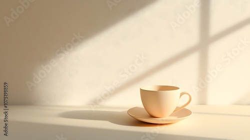 A soft background with a single coffee cup and saucer placed on a neutral surface, capturing a calm and minimalist feel. No text, no logo, wide angle shot, cinematic scene, 4k resolution