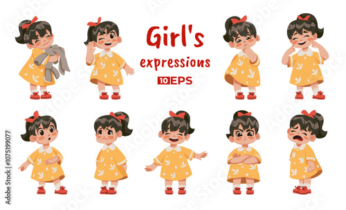 Kids expression. Girl character. Children emotions. Happy smile face. Sad and happiness. Little scared person. Kindergarten baby in cute dress. Crying or laughing. Vector cartoon set