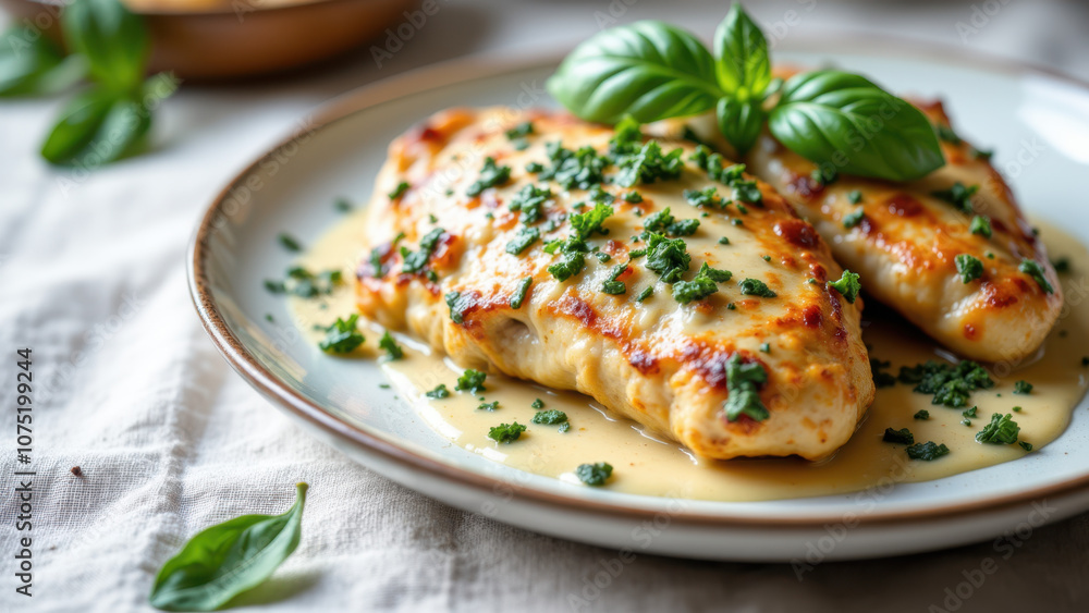 Delicious marinated chicken with a creamy sauce, topped with fresh herbs on a plate. Delicious marinated chicken with a creamy sauce, topped with fresh herbs on a plate.
