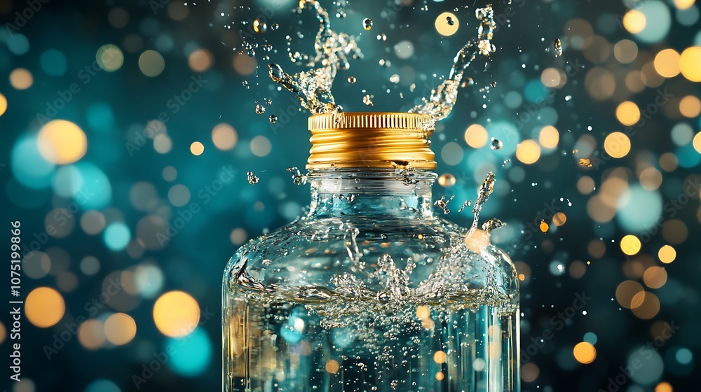 Glass Bottle with Water Splash and Bokeh Background Glass Bottle with Water Splash and Bokeh Background