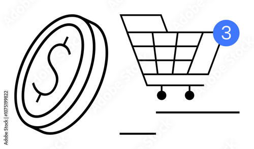 Shopping cart with three items notification icon next to dollar coin. Ideal for e-commerce, finance, sales, online purchases, shopping tools, retail marketing, digital business. Line metaphor