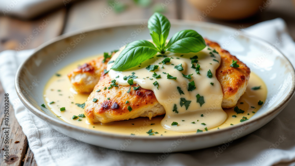 A plate with a serving of chicken with creamy sauce, topped with basil and black pepper. A plate with a serving of chicken with creamy sauce, topped with basil and black pepper.