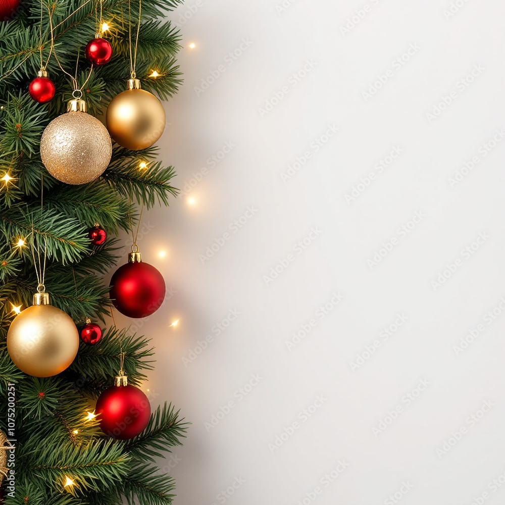 A poster or banner for christmas background with christmas tree branches and balls A poster or banner for christmas background with christmas tree branches and balls