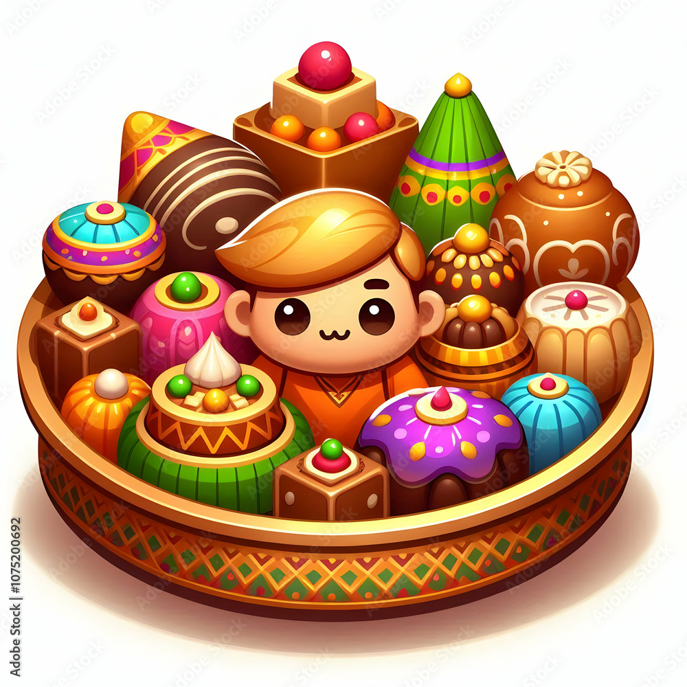 3D Vector Image Traditional Indian Sweets Platter White Background Infographic Culinary Celebration Hospitality Makar Sankranti Vibrant Vector Illustration Cute Chibi Icon
