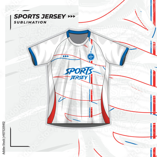 Jersey design, jersey, football, futsal, running, badminton, tennis, exercise, halftone wave pattern, white, blue, red.