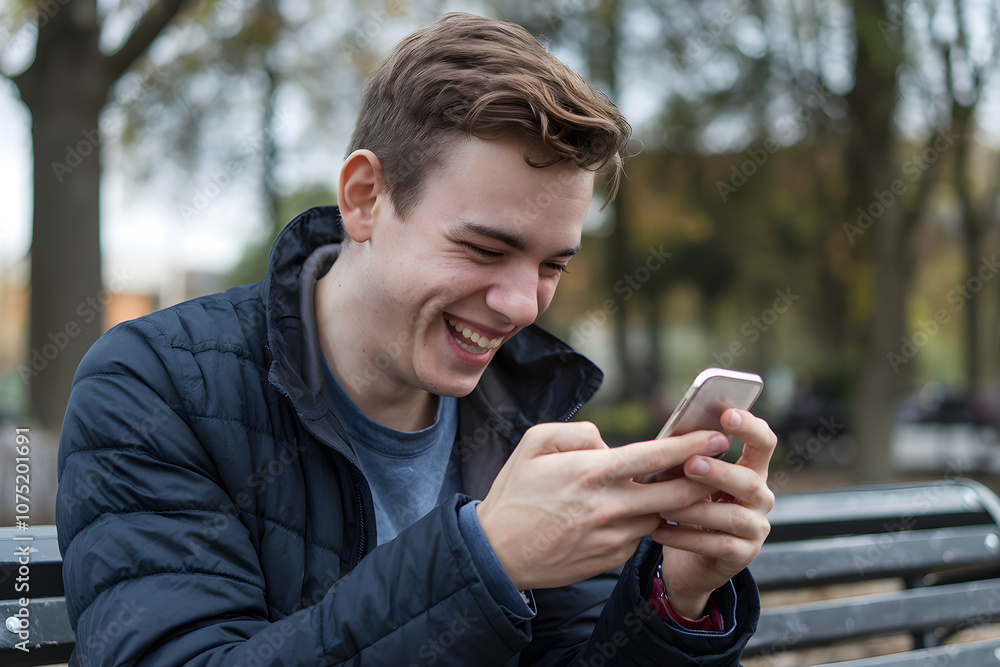 Young Man Laughing While Using Smartphone in Park Young Man Laughing While Using Smartphone in Park