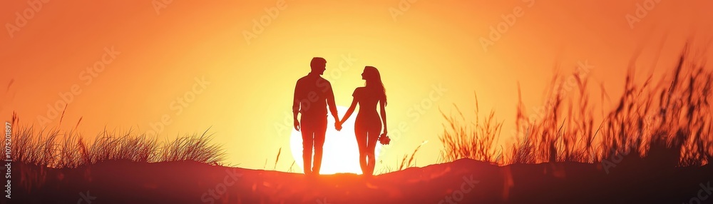 custom made wallpaper toronto digitalA romantic silhouette of a couple holding hands against a vibrant sunset backdrop, evoking feelings of love and serenity.