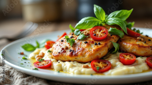 A plate of delicious Mary's Chicken with cheesy polenta, topped with crispy pepperoni slices.