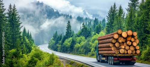 Wallpaper Mural Loaded Logging Truck on Winding Highway Through a Misty Forest, Timber Transportation Industry Torontodigital.ca