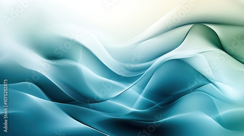 Abstract waves in blue and green tones create serene, high tech atmosphere. soft focus enhances fluidity and depth of design, evoking sense of calm