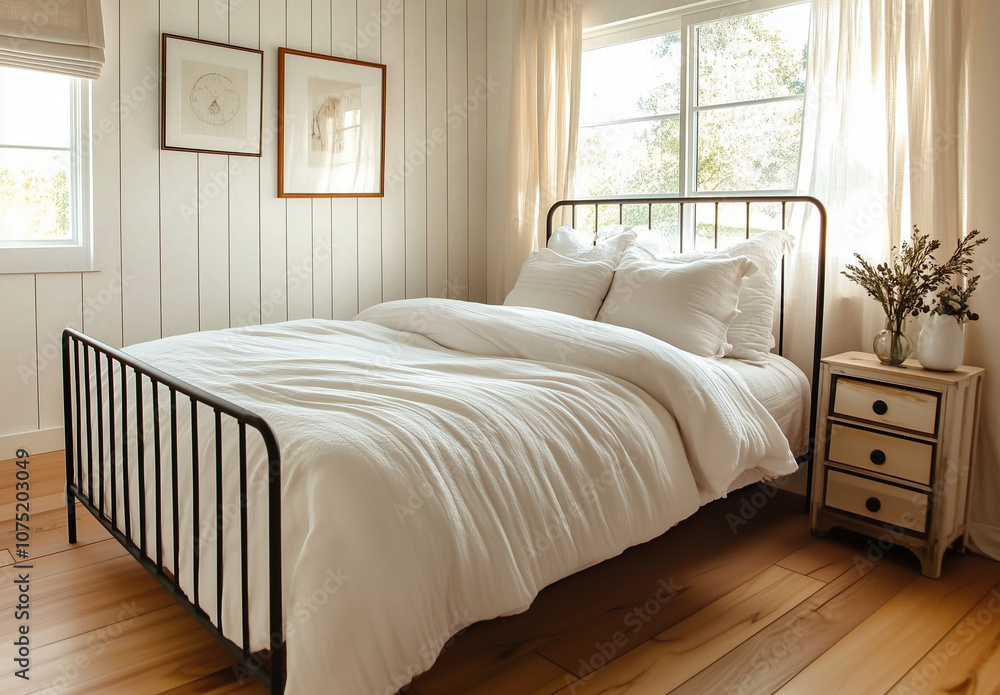 Cozy farmhouse bedroom with white shiplap walls, black metal bed frame, and soft white bedding. Sunlight filters through sheer curtains, enhancing warmth and serenity. Cozy farmhouse bedroom with white shiplap walls, black metal bed frame, and soft white bedding. Sunlight filters through sheer curtains, enhancing warmth and serenity.