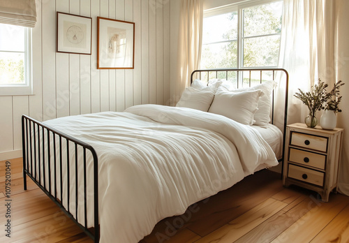 Cozy farmhouse bedroom with...