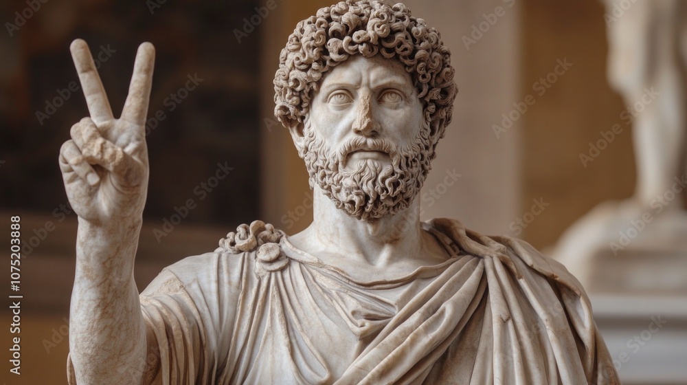 A statue of a Greek philosopher showing the sign of peace A statue of a Greek philosopher showing the sign of peace