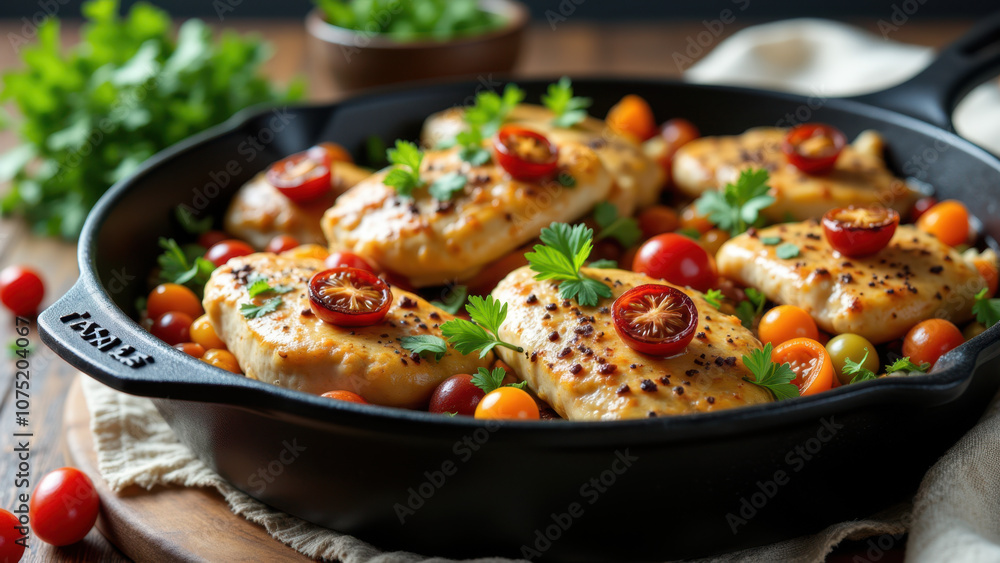 A mouthwatering dish of Marry Me Chicken with tomatoes and herbs, ready to serve from a cast iron skillet. A mouthwatering dish of Marry Me Chicken with tomatoes and herbs, ready to serve from a cast iron skillet.