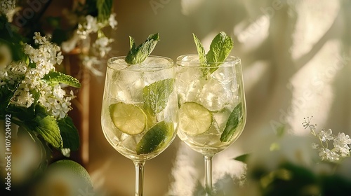 Hugo spritz with elderflower liqueur, prosecco, and a splash of soda cocktail.