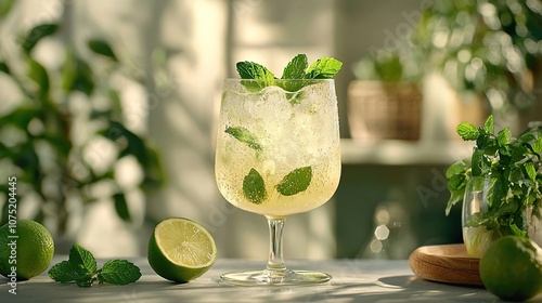 Hugo spritz with elderflower liqueur, prosecco, and a splash of soda cocktail.