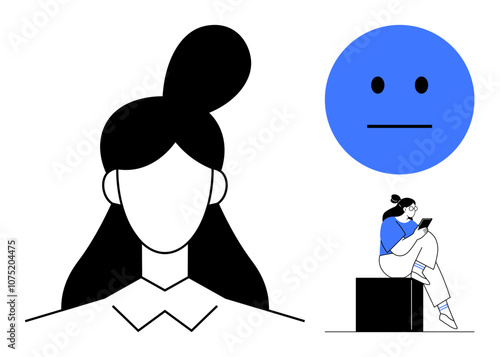 Simplified portrait of a woman with a high bun, a large blue neutral emoticon, and a casual individual sitting on a block, using a tablet. Ideal for digital communication, emotional expression