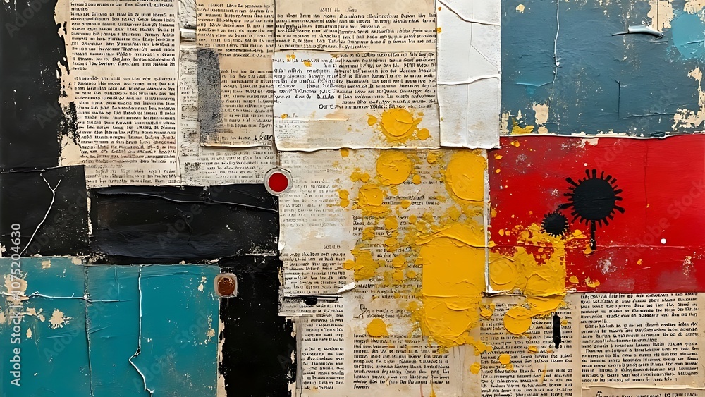 Fototapeta premium collage art made from ripped newspaper, abstract form, grunge, paste on wall